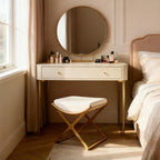 Vanity Stool No Assembly Required - Modern Makeup Chair with Champagne Gold X-Frame, Microfiber leatherCushioned Seat for Bedroom, Bathroom - Off-White Small Ottoman Bench