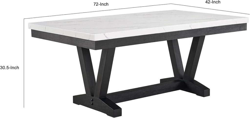 Benzara Vinz Dining Table, 72 Inch White Faux Marble Top, Black Trestle Base