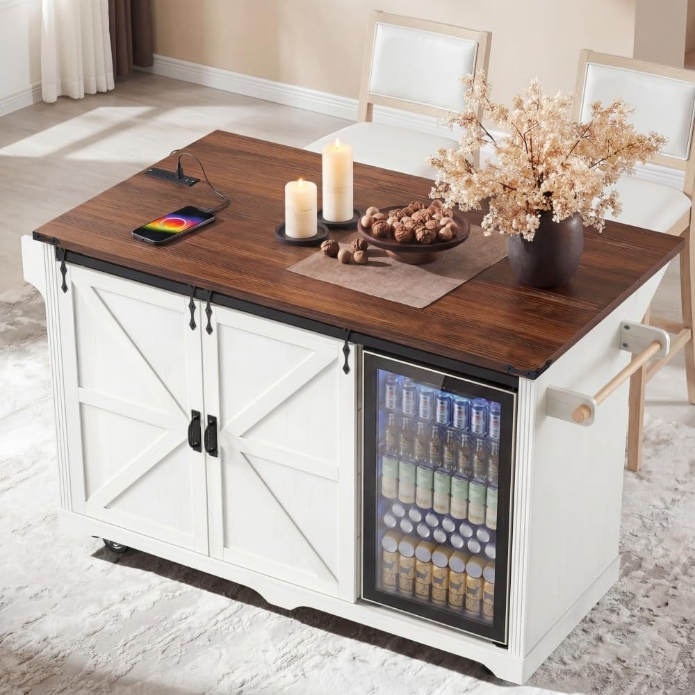 Merax 72" L White Rolling Kitchen Island with Fridge Storage Space | Coffee Bar Cabinet Kitchen Table on Wheels with Drop Leaf, 4 Drawers, Sliding Barn Door and Glass Holder