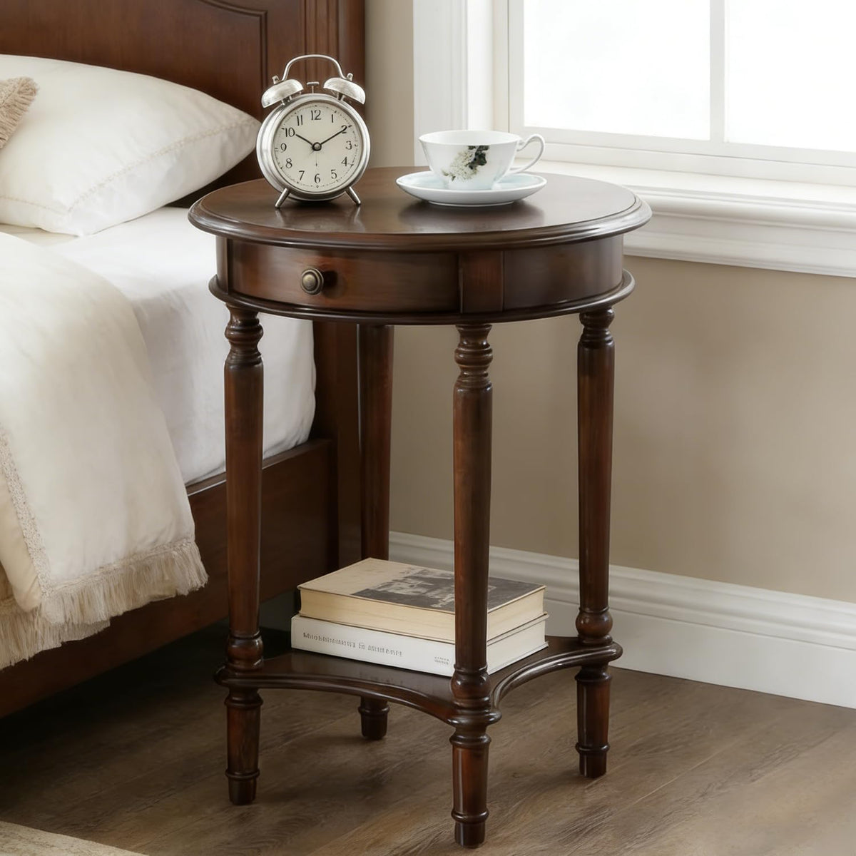 YUNMUAIR-Vintage End Side Table Solid Wood End Table with Drawer and Storage Shelf,26-Inch Tall Round Nightstand,Wooden Accent Table for Living Room Bedroom,No-Tools Assembly,Dark Walnut