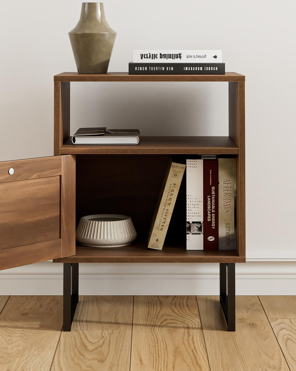 Rattan Nightstand, Boho Night Stand Farmhouse Wood Bedside Table with Storage and Open Shelf, End Side Accent Table for Bedroom,Living Room,Walnut