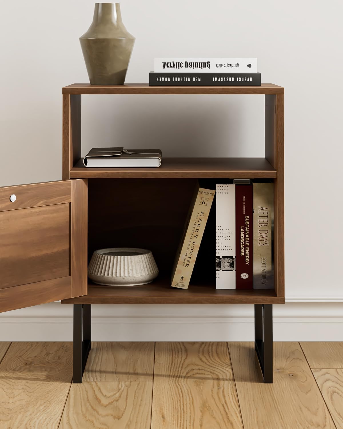 Rattan Nightstand, Boho Night Stand Farmhouse Wood Bedside Table with Storage and Open Shelf, End Side Accent Table for Bedroom,Living Room,Walnut