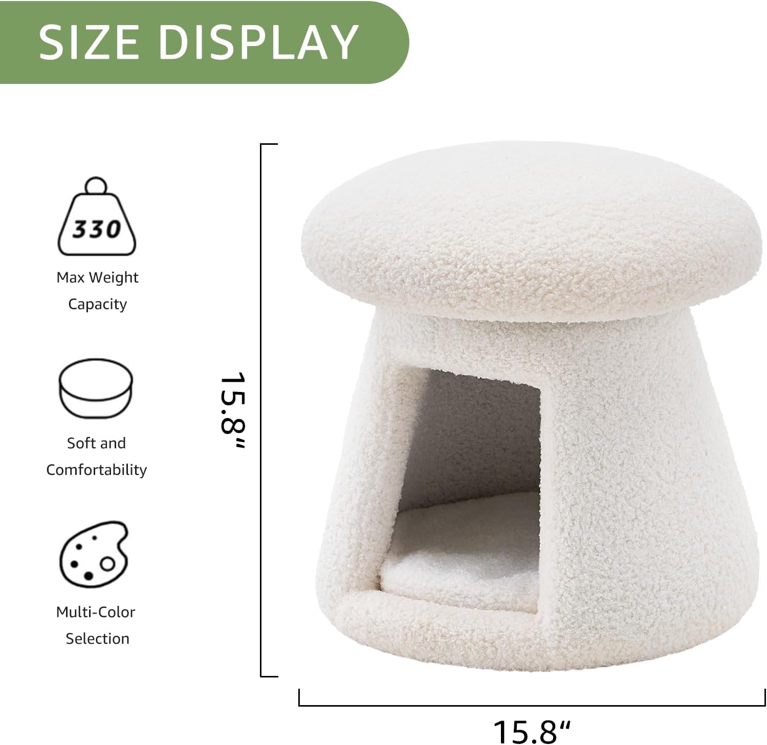 Wimarsbon Mushroom Ottoman, Multifunctional Teddy Velvet Footrest with Wood Frame, Round Vanity Chair with Cozy Hideaway Bed for Small Pets Suitable for Living Room, Bedroom, and Entryway (White)