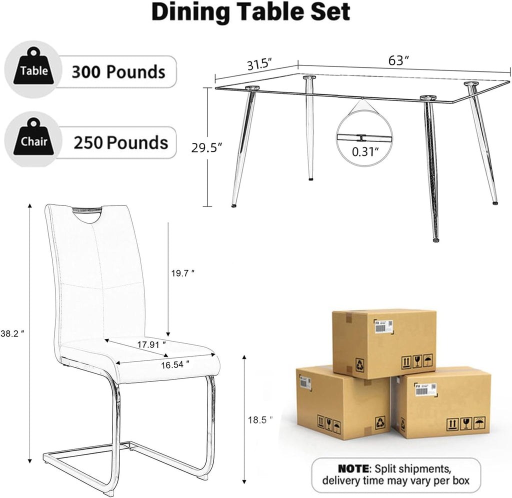 63" Modern 5-Piece Dining Table Set for 4 Rectangular Glass Table with 4 Upholstered Leather Chairs, Seats 4 Ideal for Kitchen Dining Room(Gray&Silver)