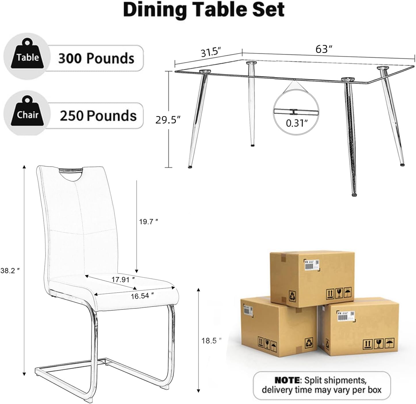 63" Modern 5-Piece Dining Table Set for 4 Rectangular Glass Table with 4 Upholstered Leather Chairs, Seats 4 Ideal for Kitchen Dining Room(Gray&Silver)