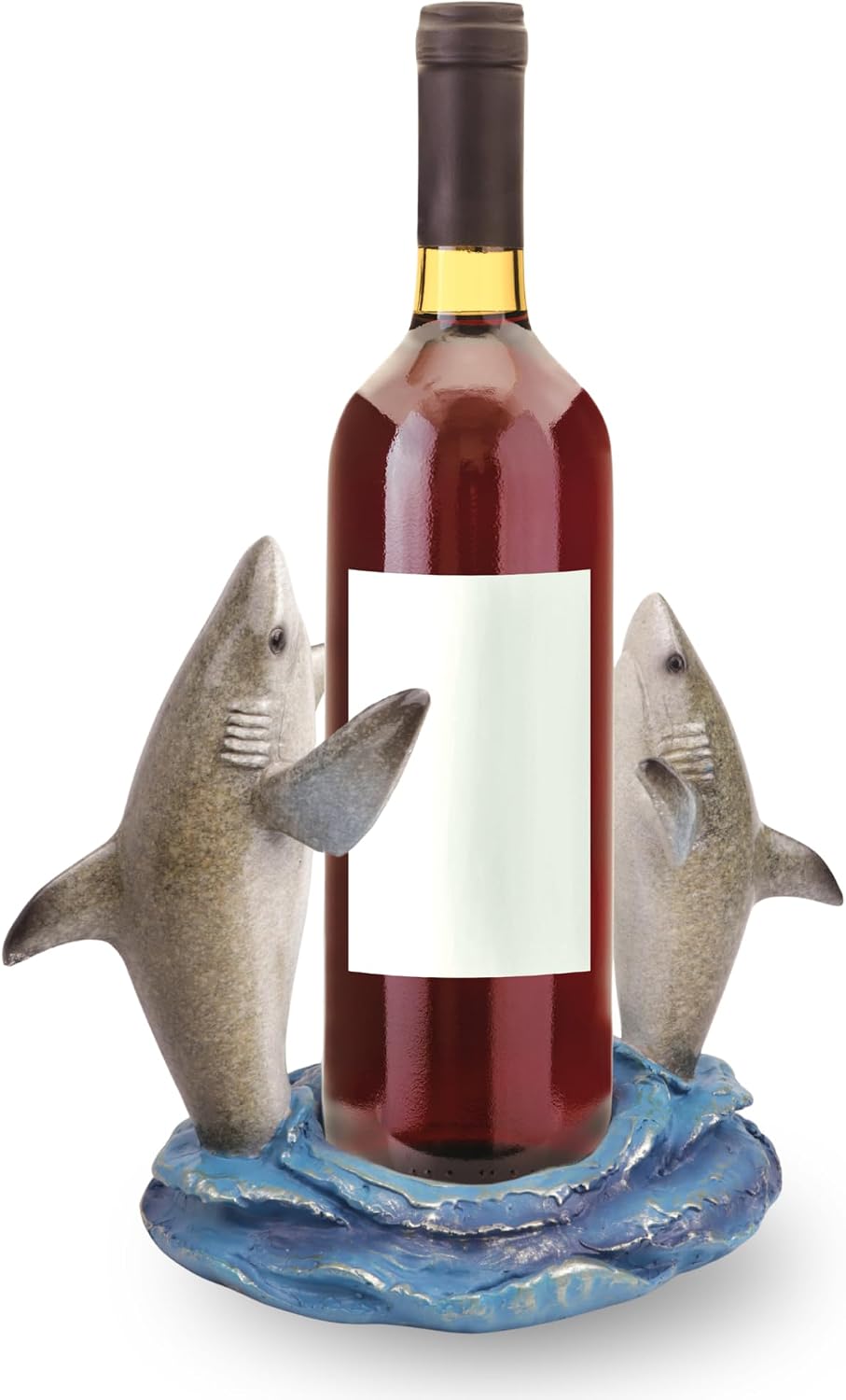 Needzo Shark Wine Bottle Holder, Nautical Bar Decor, Resin Beach House Accessory, 7.25 Inches
