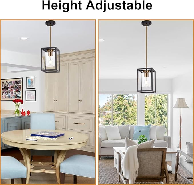 VINLUZ 1-Light Mini Lantern Pendant Light,Black and Brushed Brass Finish Farmhouse Chandelier with Clear Glass Shade Foyer Cage Hanging Ceiling Lighting for Kitchen Island Dining Room Entryway