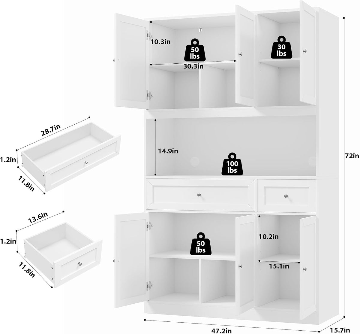 BOTLOG 2PCS Kitchen Cabinets, 71” Large Sideboard Buffet Cabinet with Storage, 72" Tall Pantry Cabinet with Microwave Stand, Wood Coffee Wine Bar Console Table for Kitchen, Dining Room, White