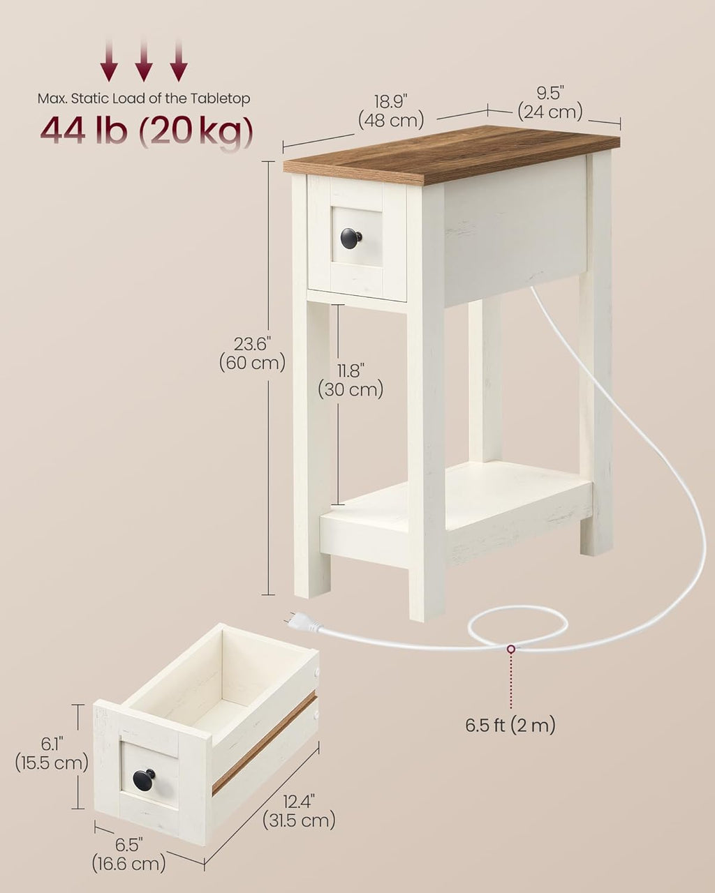 VASAGLE Farmhouse End Table with Storage Drawer, Narrow Side Table with Charging Station, Nightstand, Easy Assembly, for Living Room, Bedroom, Honey Brown and Rustic White ULET328W01