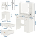 HaHarmoHaby Vanity Desk with Lighted Mirror, Makeup Vanity Table with 4 Drawers, Shelves,3 Color Modes & Adjustable Brightness, Dressing Table Set with Stool for Bedroom