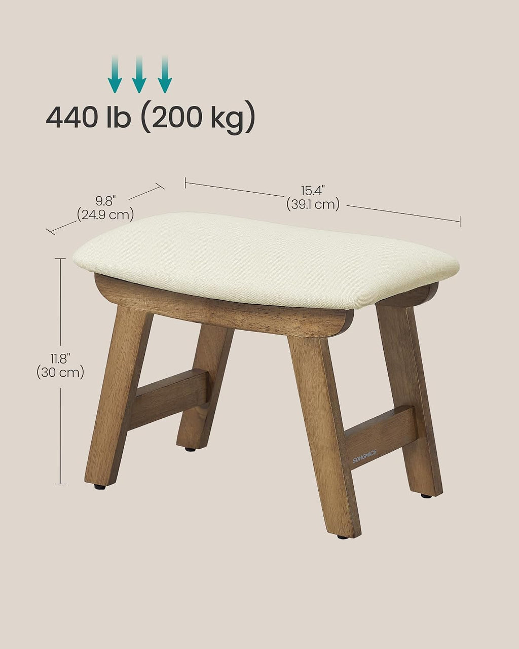 SONGMICS Foot Stool Ottoman, Padded Foot Rest Under Desk with Solid Wood Frame, Removable Cover, for Living Room, 9.8 x 15.4 x 11.8 Inches, Summer Sand and Brown ULSF052LF01