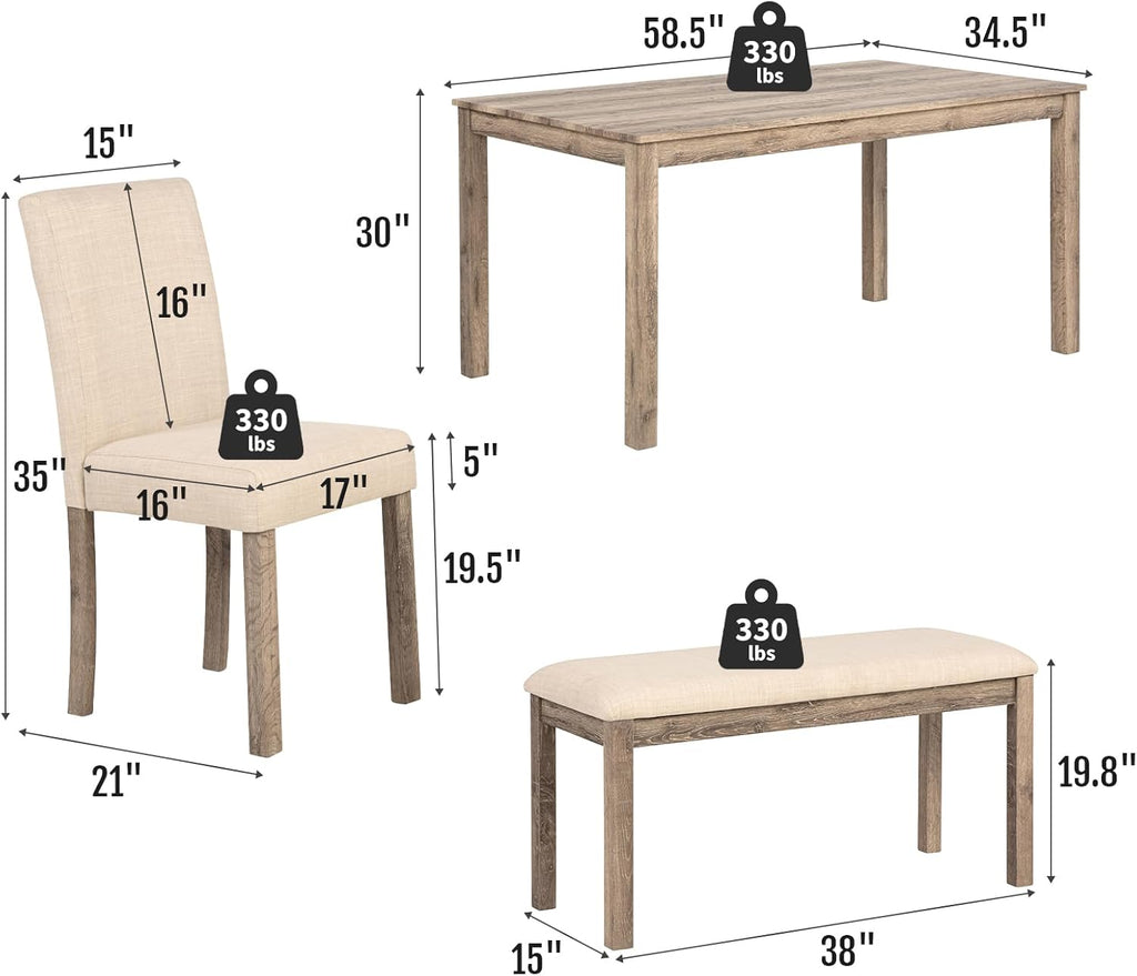 Zevemomo 6-Piece Solid Wood Dining Table Set, Including 1 Dining Table, 4 Upholstered Chairs and 1 Bench, Dining Table Sets for 6, Wooden Legs Table Set for Dining Room, Kitchen, Brown