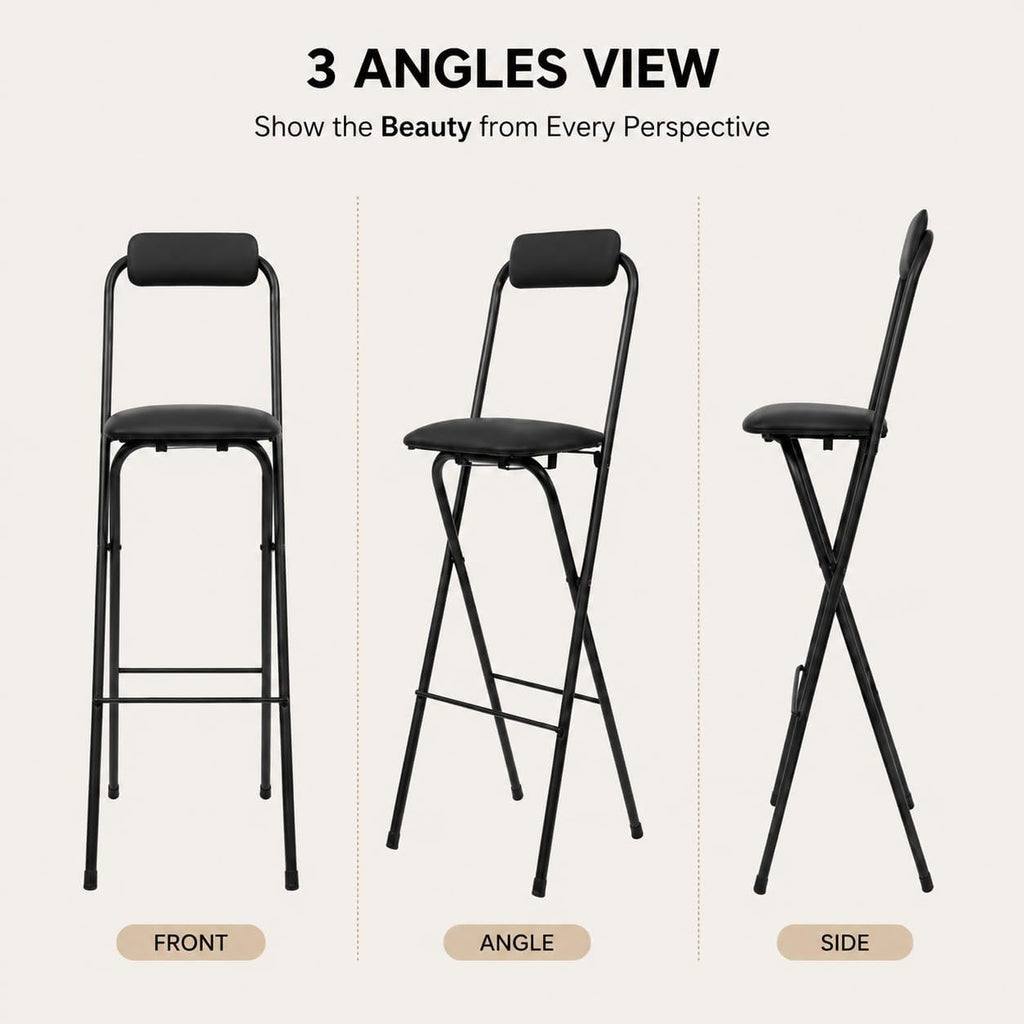 27.5'' Tall Folding Bar Stool, Cushioned Padded Folding Stool with Back, Portable Adult Folding Chair, 275 lbs Load Capacity, Counter Height Seat for Kitchen, Living Room, Garden, Camping, Black