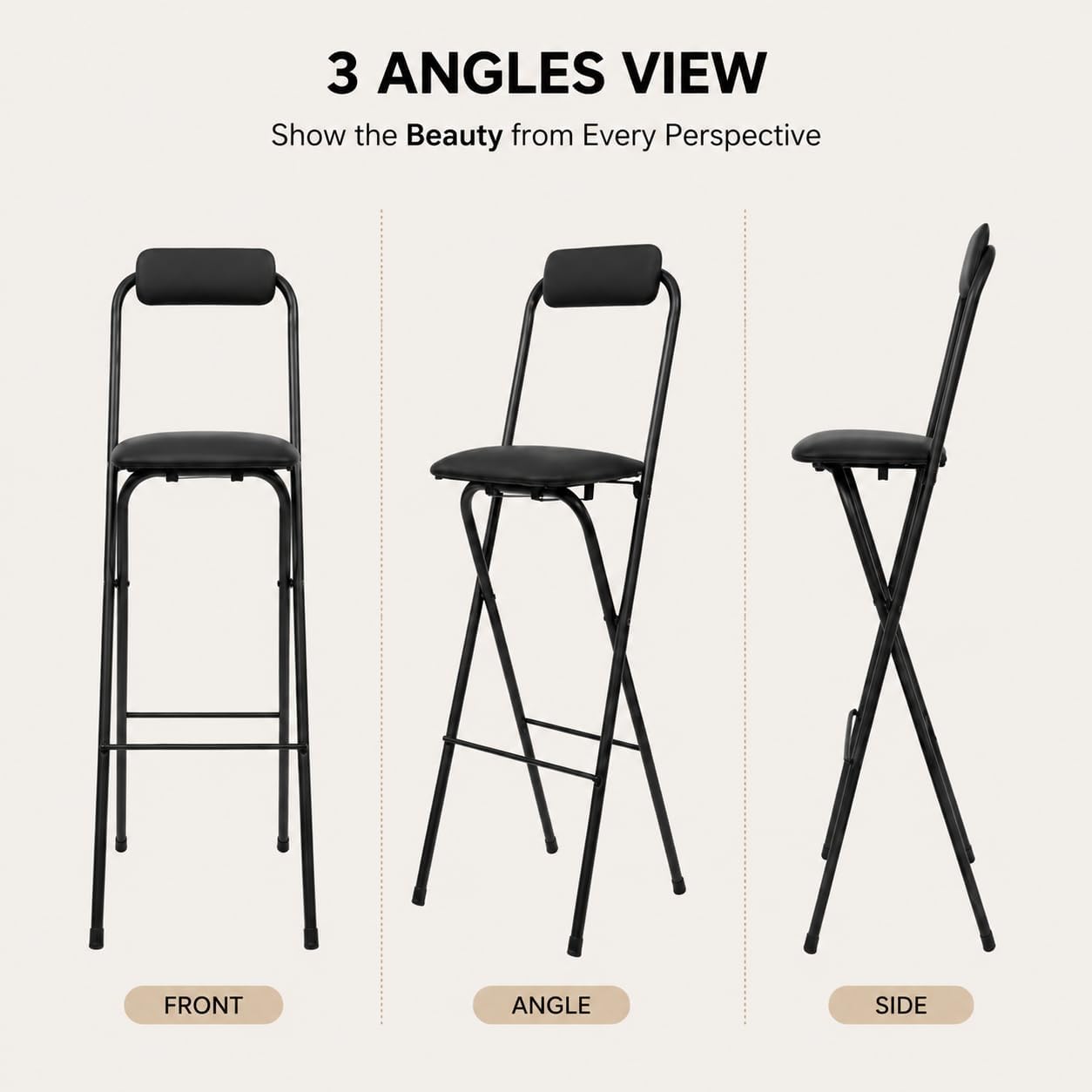 27.5'' Tall Folding Bar Stool, Cushioned Padded Folding Stool with Back, Portable Adult Folding Chair, 275 lbs Load Capacity, Counter Height Seat for Kitchen, Living Room, Garden, Camping, Black