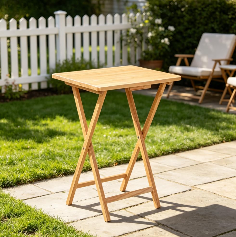 Natural Rubberwood Folding TV Dinner Tray Table, 19 x 14.5 x 26 Inch Foldable Portable Wooden Side Snack Table for Home Office Couch Bed