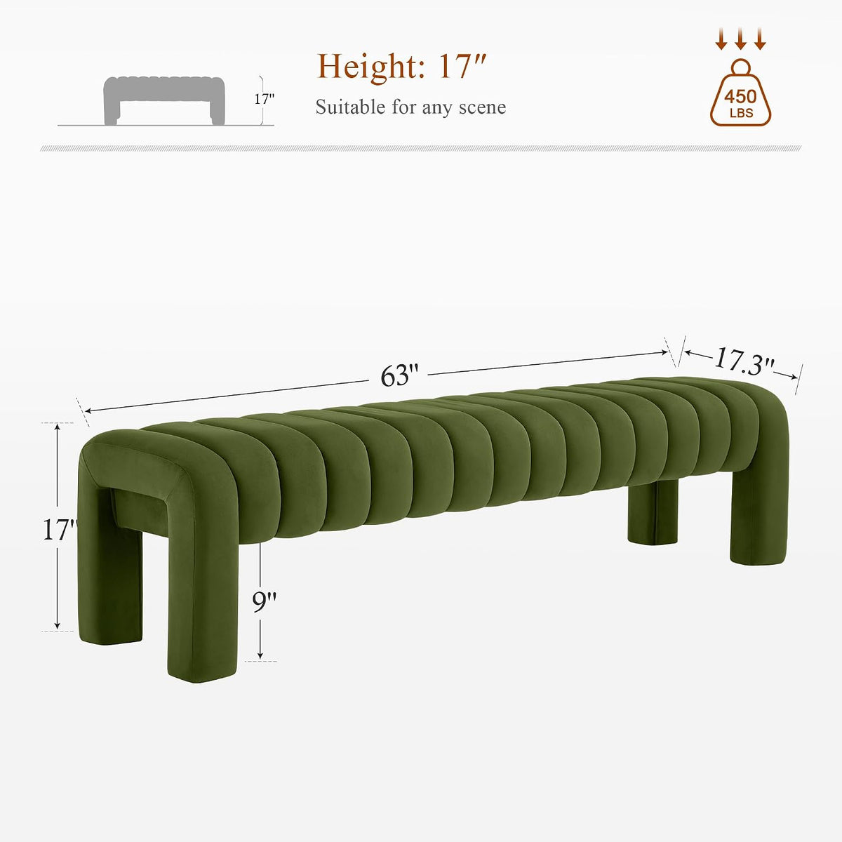 63’’ Bedroom Bench, Upholstered End of Bed Bench with Solid Wood Legs, Modern Dining Bench with Full Covered Fabrics for Entryway, Bedroom, Living Room (Green, Velvet)