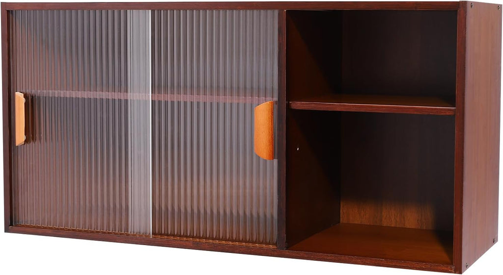 Xuthusman 2 Tier Small Kitchen Pantry Cabinet,31.5in Wall Sideboard with Glass Doors Bamboo Cupboard Food Pantry Cabinet Adjustable Shelves Countertop Storage for Kitchen Dining Room (Walnut)