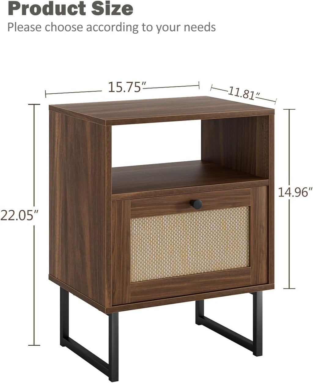 Rattan Nightstand, Boho Night Stand Farmhouse Wood Bedside Table with Storage and Open Shelf, End Side Accent Table for Bedroom,Living Room,Walnut