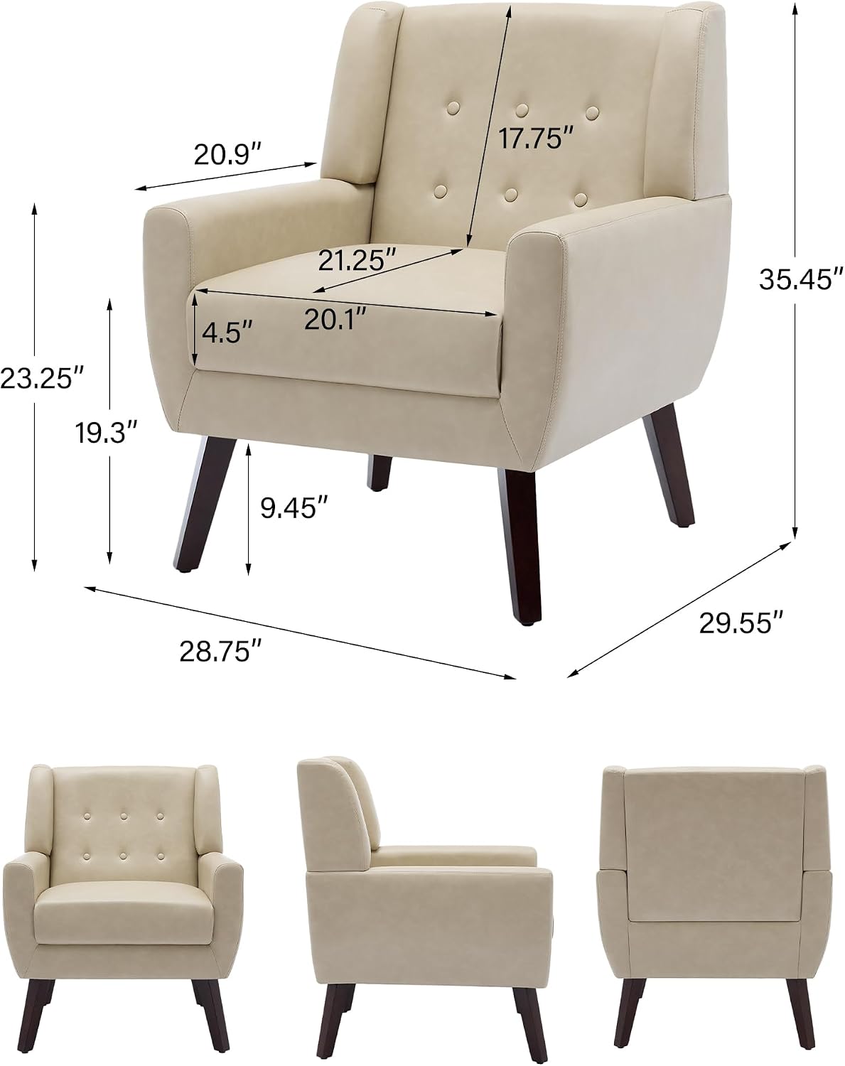Accent Chair Set of 1, Mid-Century Modern PU Leather Chairs with Arms for Living Room, Comfy Upholstered Club Single Sofa Armchair for Bedroom Waiting Room with Solid Wood Frame, Leather Cream