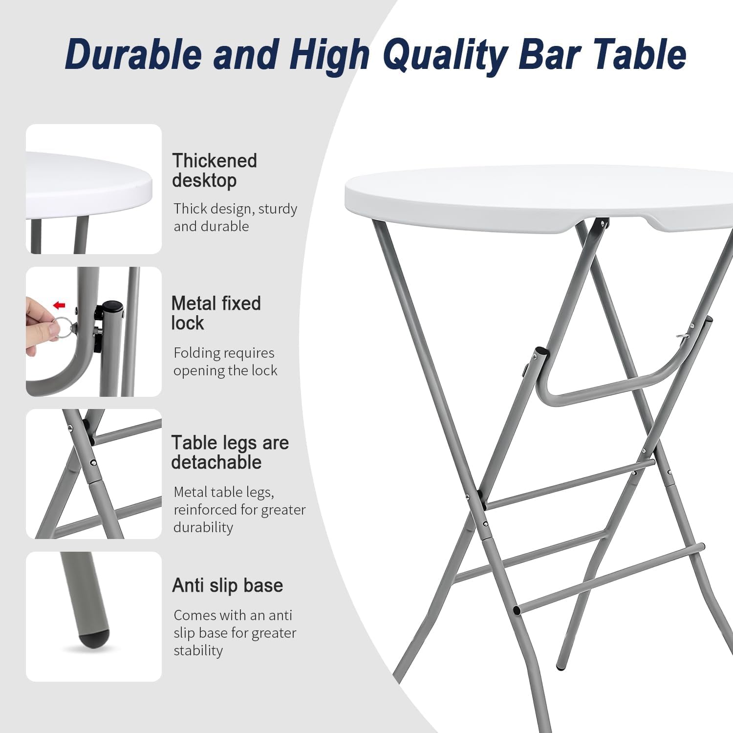 2 PCS - 31.5" L X 31.5" W X 43" H - Cocktail Table White High Top Folding Table, Portable Bar Height Folding Table Round with Detachable Gray Legs