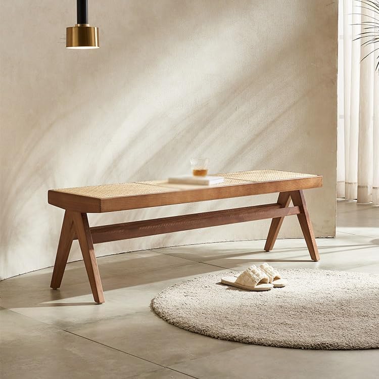 Entryway Stool Rattan Wooden Shoe Bench Bedroom Bedside Bench Wabi-sabi Style Retro Long Bench Shoe Changing Stool