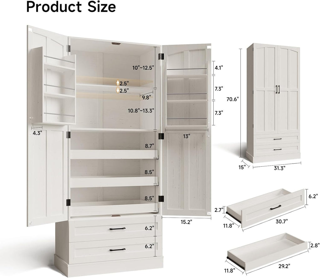 ONBRILL 71" Tall Farmhouse Kitchen Pantry Cabinet with 3 Pull Out Shelves & 2 Large Drawers, Pantry Storage Cabinet with 6 Door Shelf & Adjustable Shelf, Freestanding Cupboard for Kitchen, Dining Room