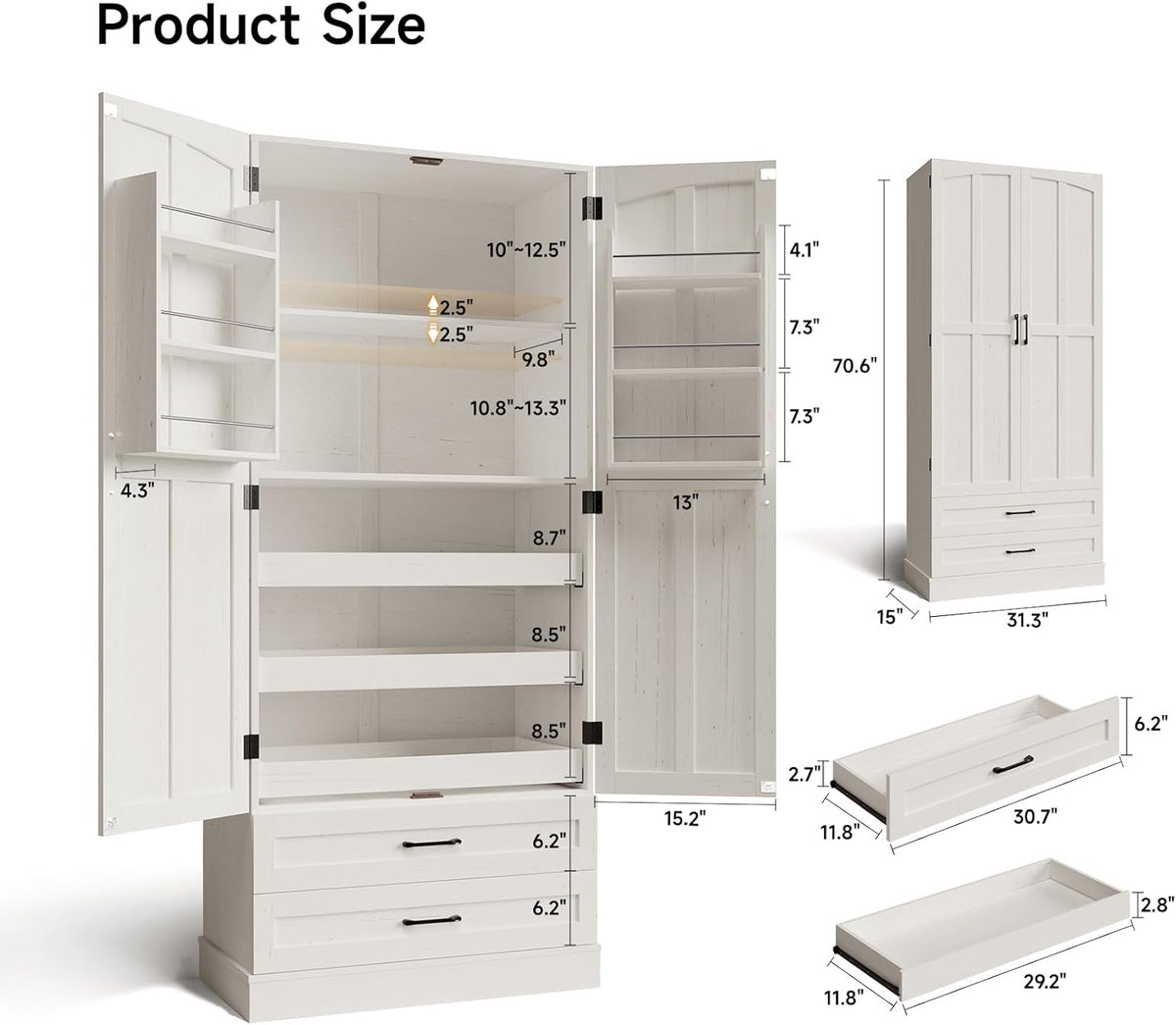 ONBRILL 71" Tall Farmhouse Kitchen Pantry Cabinet with 3 Pull Out Shelves & 2 Large Drawers, Pantry Storage Cabinet with 6 Door Shelf & Adjustable Shelf, Freestanding Cupboard for Kitchen, Dining Room