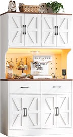 VK·LIVING 71" Kitchen Pantry Cabinet, Farmhouse Storage Cabinet with LED Lights & Charging Station, Coffee Bar Cabinet with Adjustable Shelves, 2 Drawers, Pegboard & Hooks, White