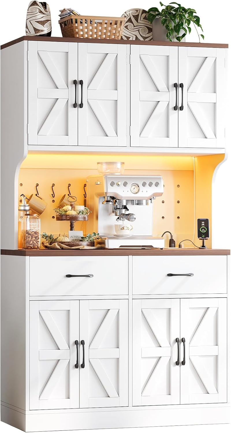 VK·LIVING 71" Kitchen Pantry Cabinet, Farmhouse Storage Cabinet with LED Lights & Charging Station, Coffee Bar Cabinet with Adjustable Shelves, 2 Drawers, Pegboard & Hooks, White
