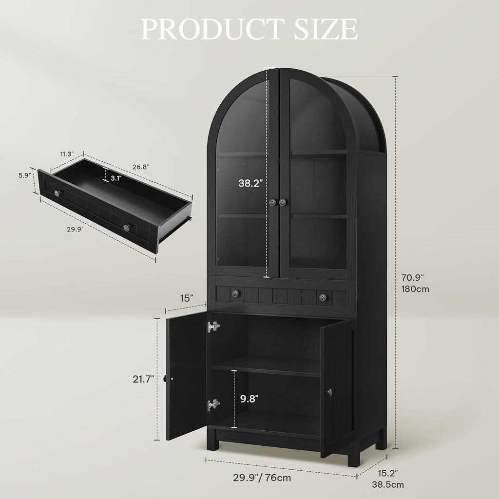 YITAHOME 71" Arched Pantry Cabinet with Glass Door, Shelves & Drawer, Black | Farmhouse Wood Cupboard with Adjustable Shelves for Living Room and Dining Room