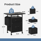 Simple Deluxe 2 Drawer File Cabinet with 24" Extended Desktop, Mobile Filing Cabinet, Rolling File Cabinet with Side Bag, Fabric Drawer, Fits A4/Letter Size, Printer Stand Home Office, Black
