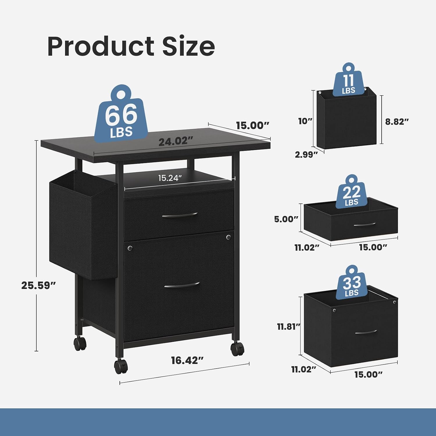 Simple Deluxe 2 Drawer File Cabinet with 24" Extended Desktop, Mobile Filing Cabinet, Rolling File Cabinet with Side Bag, Fabric Drawer, Fits A4/Letter Size, Printer Stand Home Office, Black
