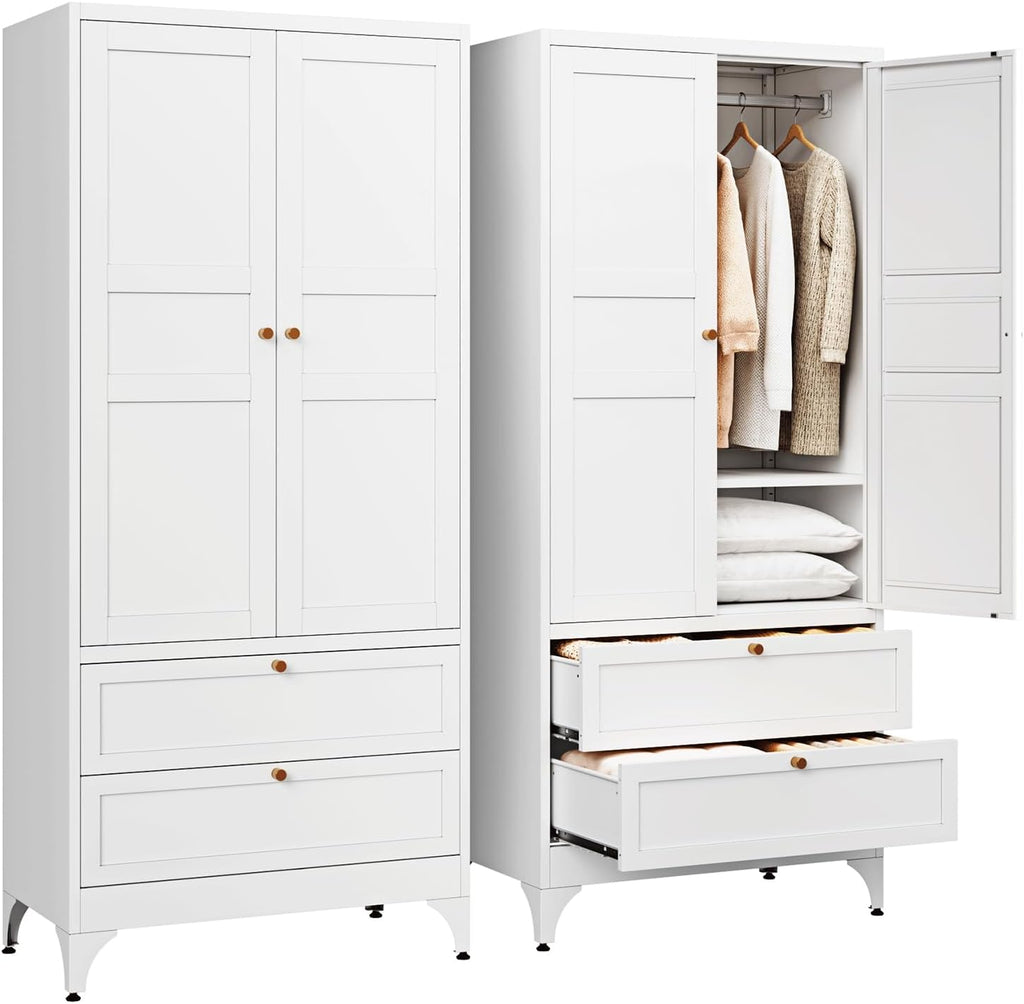 Letaya Metal Armoire Wardrobe Closet with Drawers,Clothing Storage Cabinet with Doors and Shelves,Coat Closet with Hanging Rod,Bedroom,Home,Cloak Room,White-71 H x 32" W x 18" D