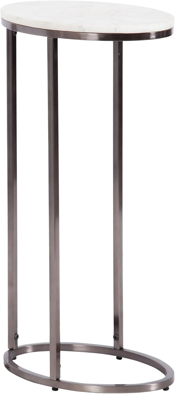 Kate and Laurel Natalli Modern Glam Oval C-Table, 14 x 9 x 28, White Marble and Gray Gunmetal, Elegant C-Shaped Side Table with Marble Tabletop and Space Saving Design