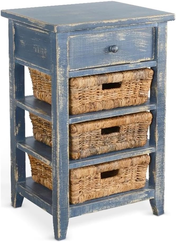 Pemberly Row Solid Wood End Table, Ocean Blue Finish, Rough Sawn Mahogany, Storage Drawer, 3 Removable Woven Baskets, Contemporary Accent Table for Living Room, Kitchen, or Bathroom Use