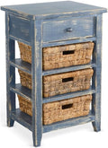 Pemberly Row Solid Wood End Table, Ocean Blue Finish, Rough Sawn Mahogany, Storage Drawer, 3 Removable Woven Baskets, Contemporary Accent Table for Living Room, Kitchen, or Bathroom Use