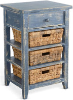 Pemberly Row Solid Wood End Table, Ocean Blue Finish, Rough Sawn Mahogany, Storage Drawer, 3 Removable Woven Baskets, Contemporary Accent Table for Living Room, Kitchen, or Bathroom Use