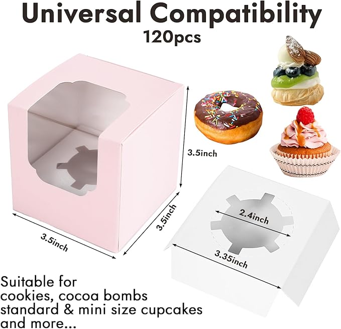 JCD 120 Pcs Individual Pink Cupcake Box with Insert, Cupcake Boxes Auto-pop up Individual Cupcake Container Brown PINK 3.5" x 3.5" x 3.5" Single Cupcake Boxes(Pink/120Pcs)