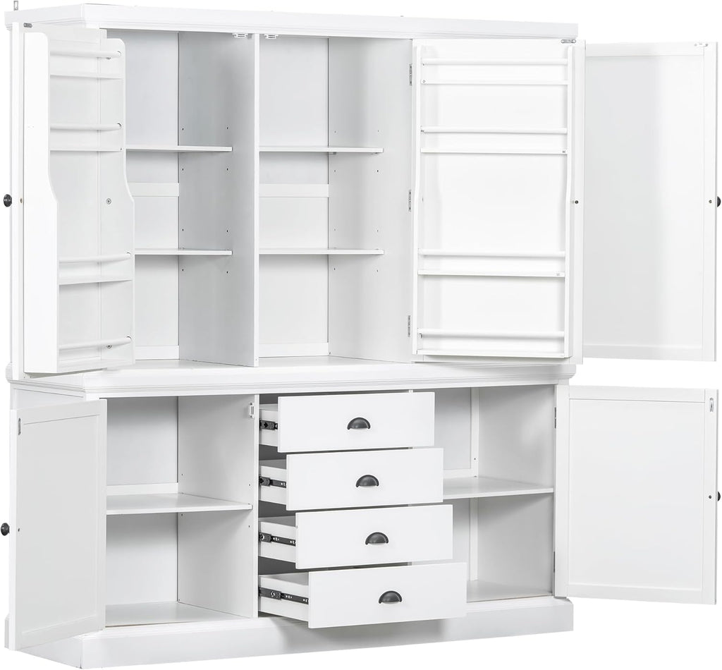 VilroCaz Freestanding Large Kitchen Pantry, Wooden Kitchen Organizers and Storage Kitchen Cabinet with 4 Drawers, Cupboard, 5 Doors, Adjustable Shelves for Dining Room (White-3.15)