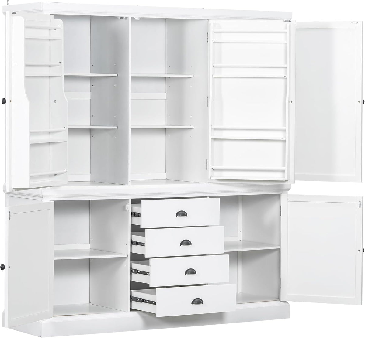 VilroCaz Freestanding Large Kitchen Pantry, Wooden Kitchen Organizers and Storage Kitchen Cabinet with 4 Drawers, Cupboard, 5 Doors, Adjustable Shelves for Dining Room (White-3.15)