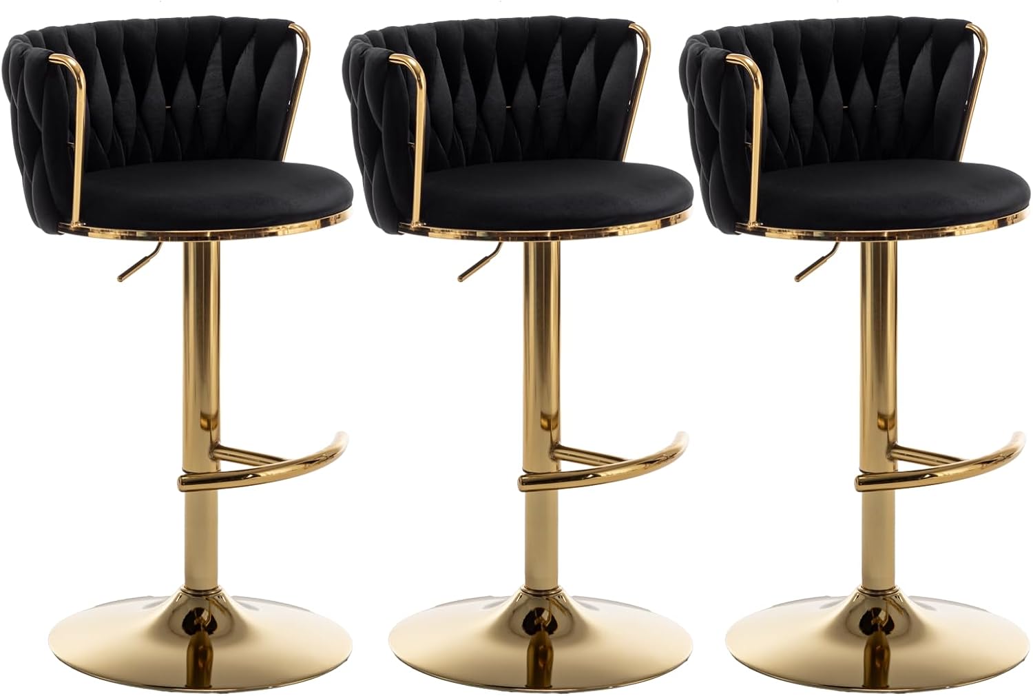 Riknuxi Velvet Bar Stools Set of 3, Counter Height Bar Chairs with Low Back, Gold Swivel Bar Stools for Kitchen Island, Pub (Black)