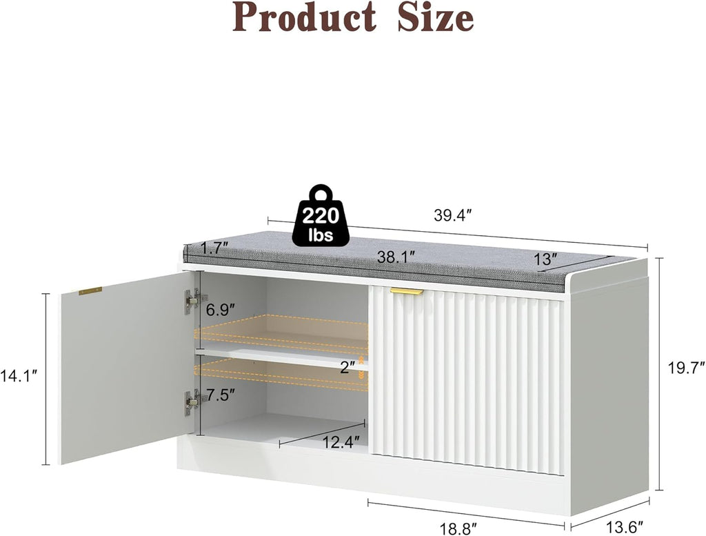 Fluted Shoe Storage Bench with Cushion, 2-Tier Entryway Shoe Bench with Adjustable Shelves, Hidden Shoe Cabinet Bench with 2 Doors for Hallway, Living Room, Bedroom End of Bed,White