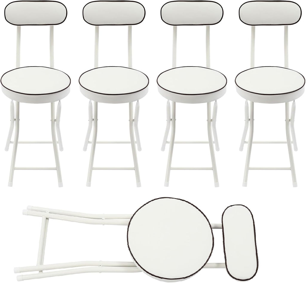 Foldable Chair 4pcs Steel High Portable Folding Indoor Counter Bar Stool Cushioned Padded Stools Seating with Backrest for Kitchen Island Shop Cafe Workshop, Studio- Load 275lbs (White)