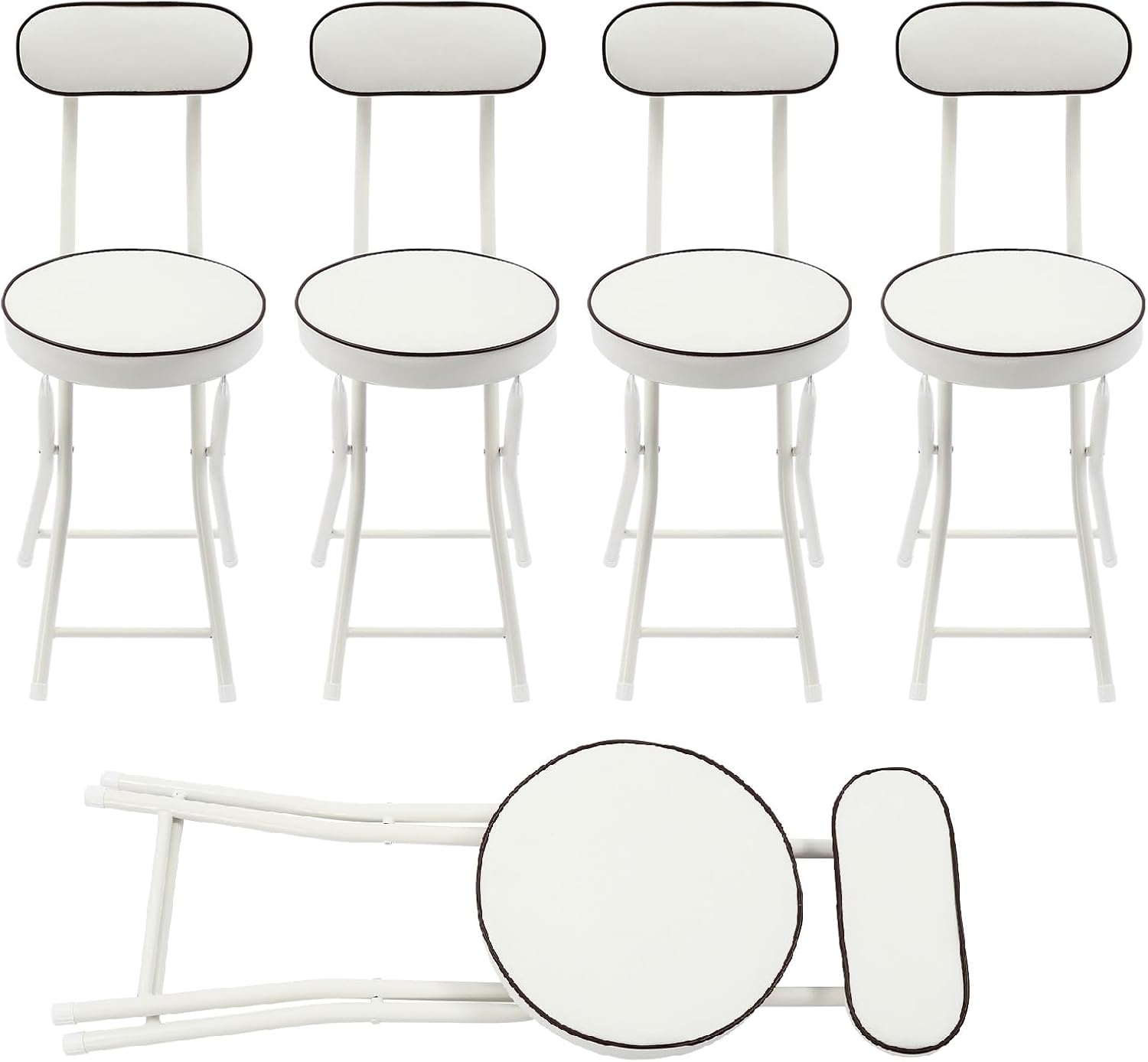 Foldable Chair 4pcs Steel High Portable Folding Indoor Counter Bar Stool Cushioned Padded Stools Seating with Backrest for Kitchen Island Shop Cafe Workshop, Studio- Load 275lbs (White)
