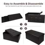 30 Inches Folding Storage Ottoman Bench, Faux Leather Footstool Ottoman, Storage Trunk Footrest for Bedroom, Living Room and Hallway, Support 350lbs, Black（Black line）