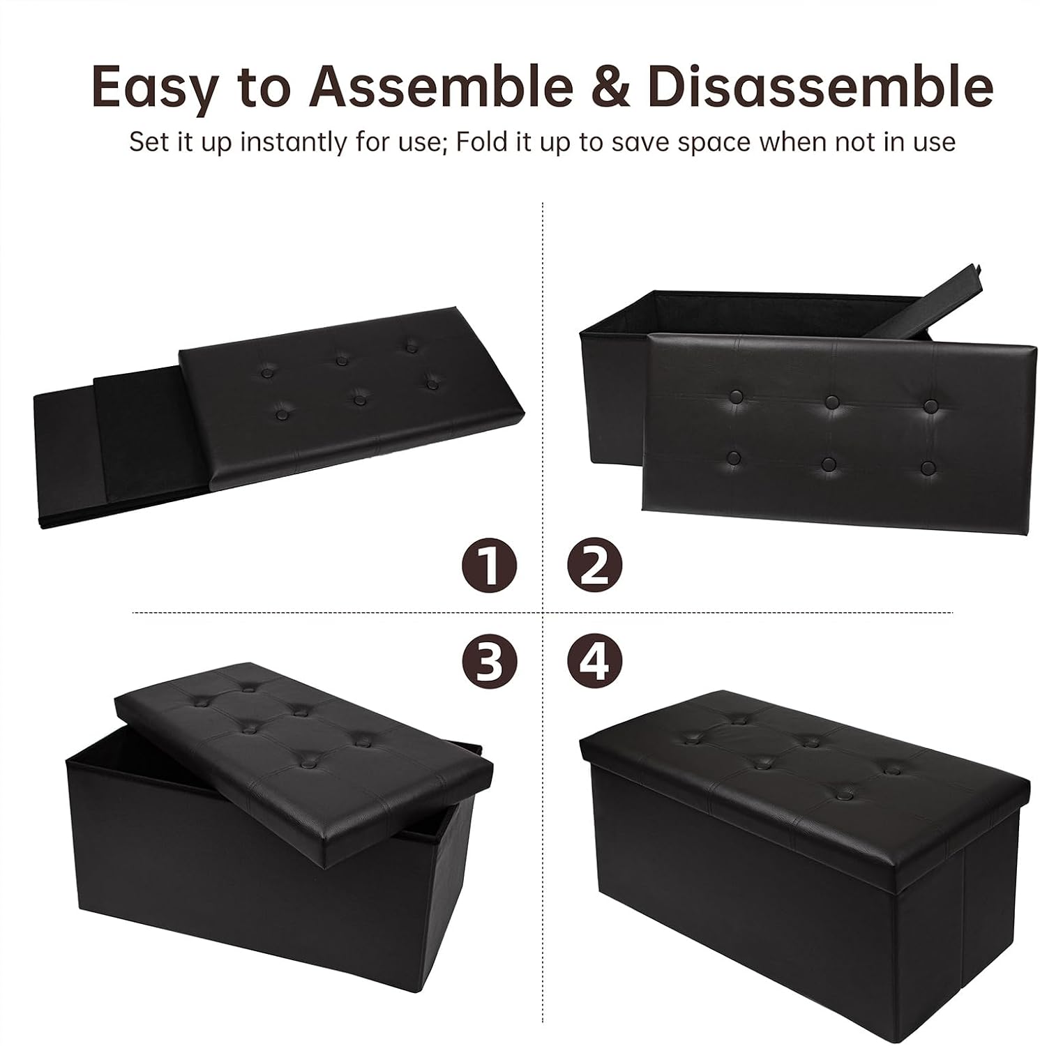 30 Inches Folding Storage Ottoman Bench, Faux Leather Footstool Ottoman, Storage Trunk Footrest for Bedroom, Living Room and Hallway, Support 350lbs, Black（Black line）