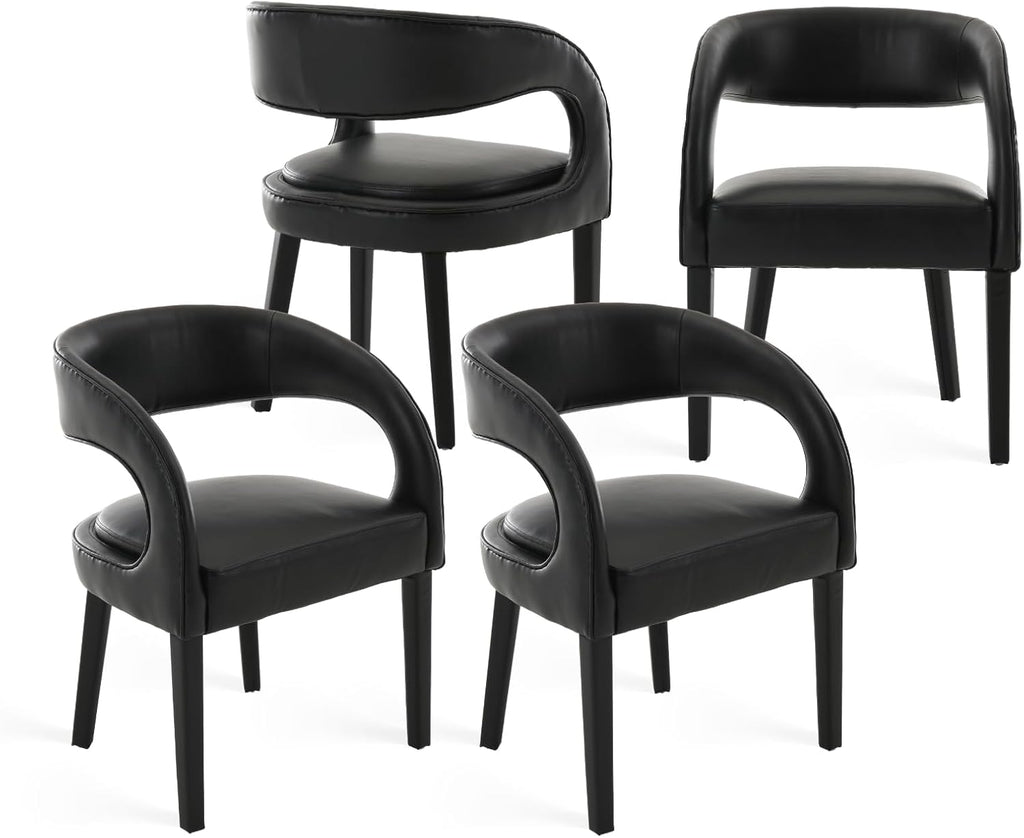 Shunzhi Black PU Leather Dining Chairs Set of 4, Modern Upholstered Dining Room Chairs, Barrel Kitchen Chairs with Arms/Open Back, Comfy Accent Side Chairs for Bedroom/Living Room