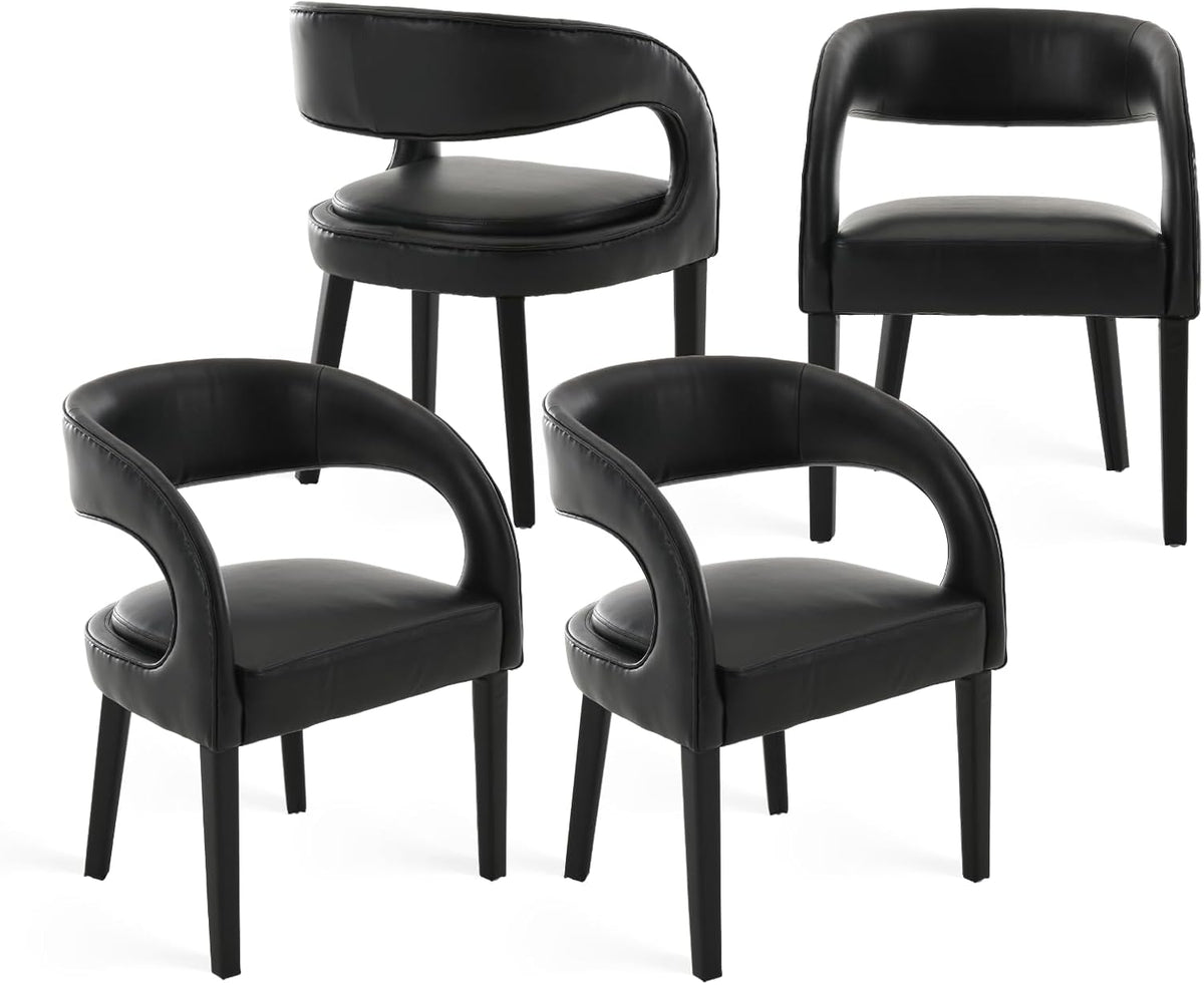 Shunzhi Black PU Leather Dining Chairs Set of 4, Modern Upholstered Dining Room Chairs, Barrel Kitchen Chairs with Arms/Open Back, Comfy Accent Side Chairs for Bedroom/Living Room