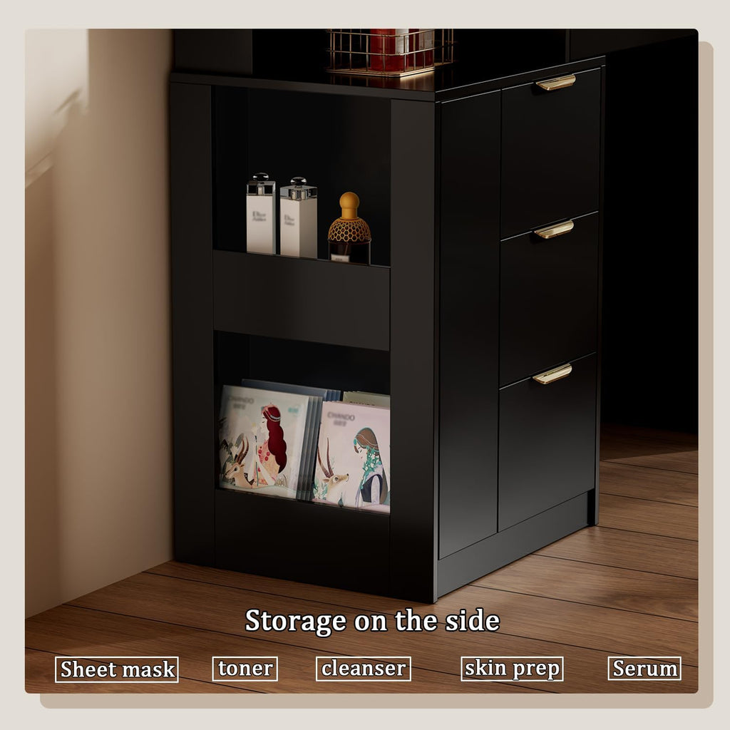 Chrangmay 55.4" Big Modern Vanity Desk with Mirror and Lights,Makeup Vanity Desk with 8 Drawers and Storage Shelves & Power Outlet,RBP Glass Cabinets, Black