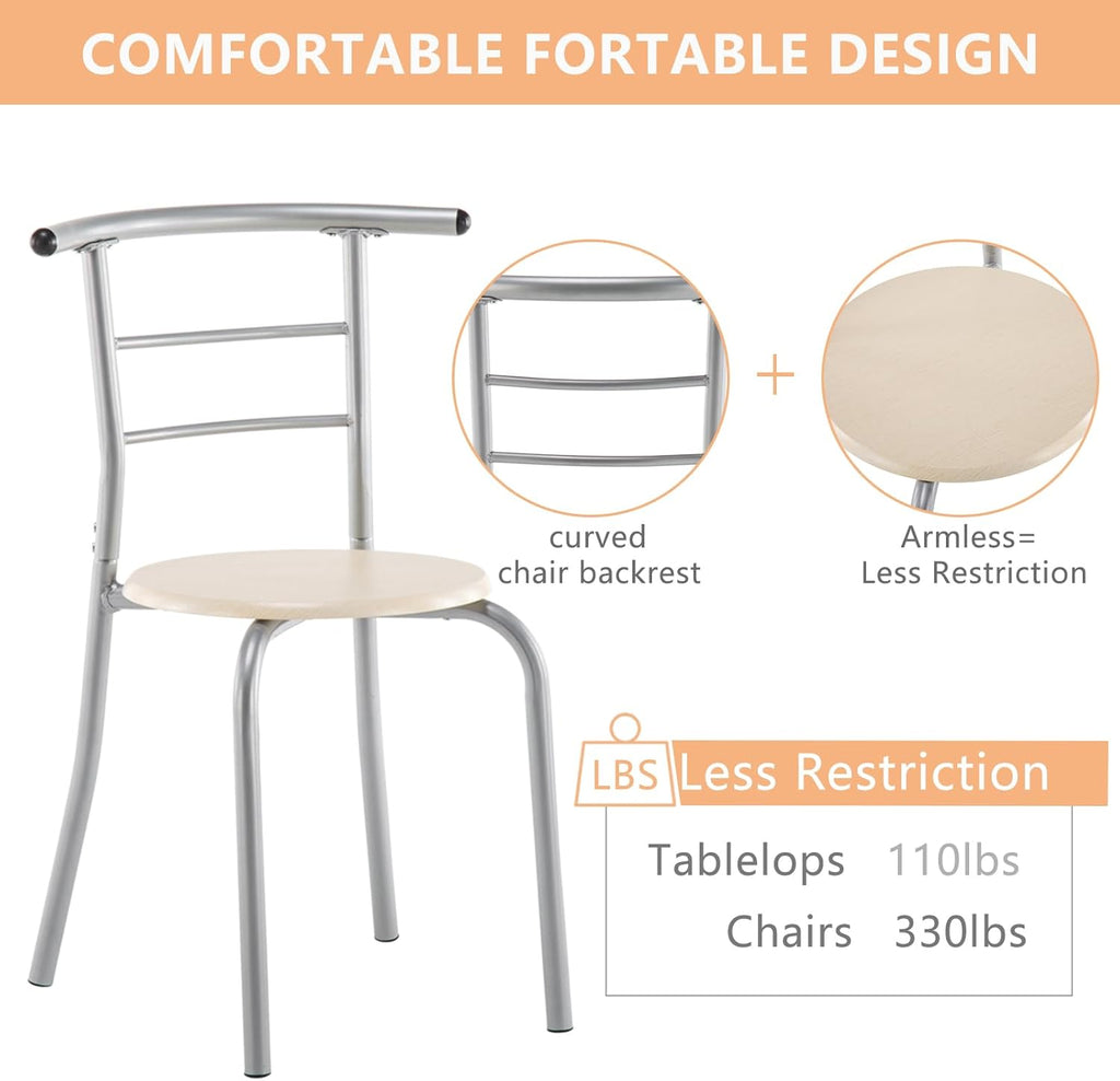 VINGLI 3 Piece Dining Set, Small Kitchen Table Set for 2, Breakfast Table Set, Kitchen Wooden Table with 2 Chairs for Small Space/Dining Room/Apartment, Metal Frame, Wine Rack, Beige